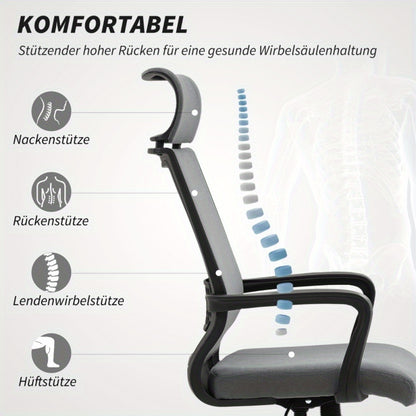 Ergonomische Bureaustoel – Kantoorstoel – Bureaustoel Met Armleuning – Draaistoel – Werkstoel – Verstelbare Hoogte – 360° Draaibaar – Kantel- en Relaxfunctie – Metalen Frame – Donkergrijs