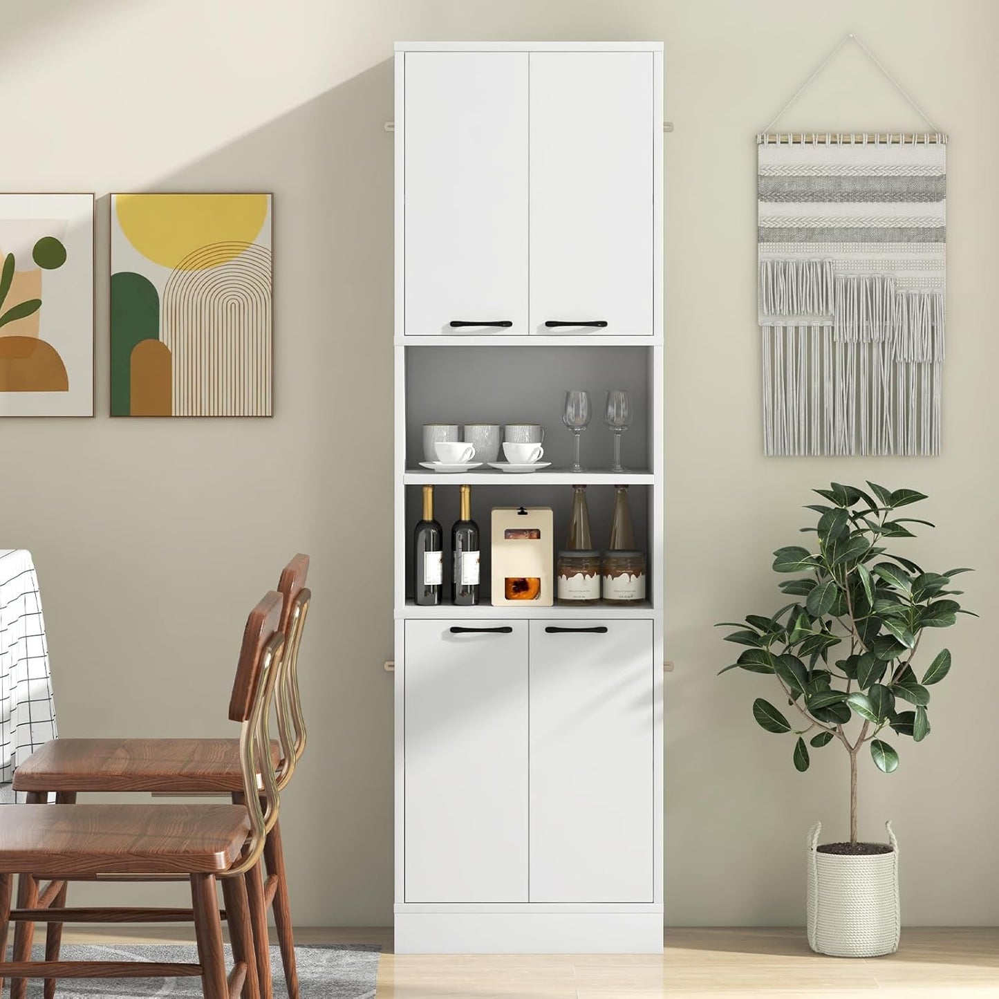 Opbergkast – Hoge Kast – Keukenkast – Dichte Deuren Kast – Open Planken Kast – 190 cm Hoog – Anti-Kantelbeveiliging & Stevig MDF Materiaal – Wit Naturel
