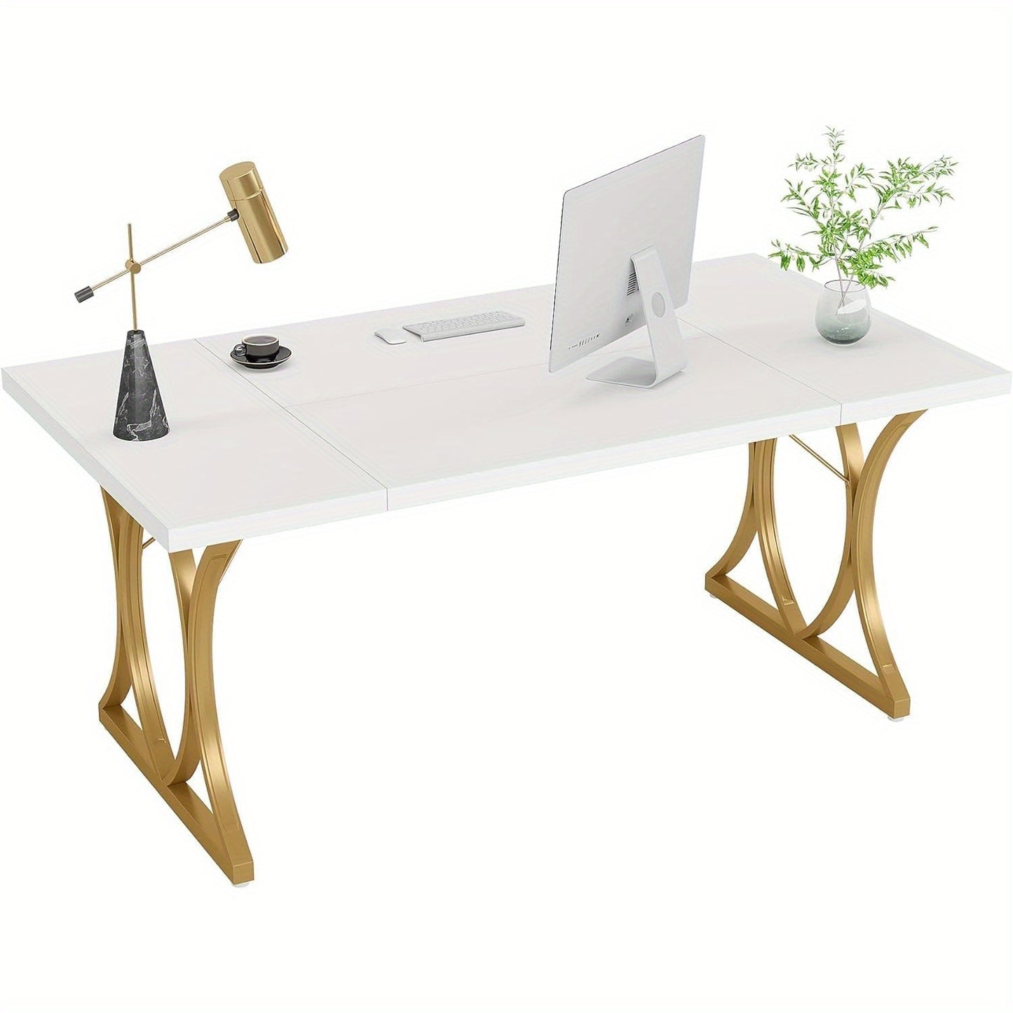 Bureau – Computertafel – Werktafel – Kantoortafel – Eettafel – Wit Met Gouden Metalen Frame – 159x79x78 cm – Stevig En Verstelbaar