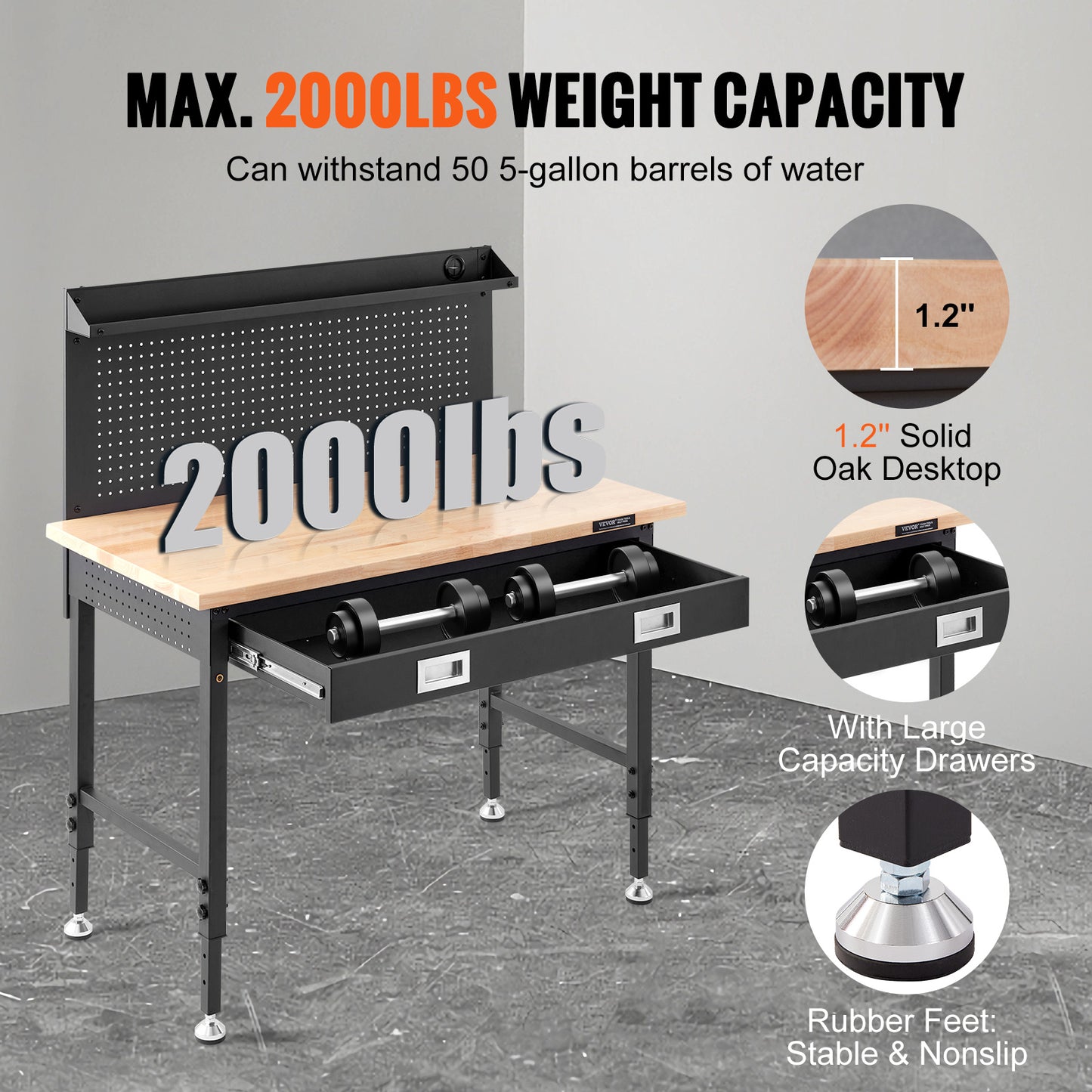 Werkbank – Houten Werktafel – Klusbank – Werkbank Met Pegboard – Verstelbare Werkhoogte – Massief Houten Werkblad – 4 Stopcontacten & USB Poorten – 900 kg Draagvermogen