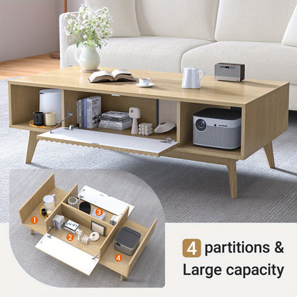 Salontafel – Koffietafel – Tafel – Woonkamertafel – Bijzettafel – Mid-Century Design – 2 Lades & Open Planken – Licht Eiken MDF – Draagvermogen 113 kg