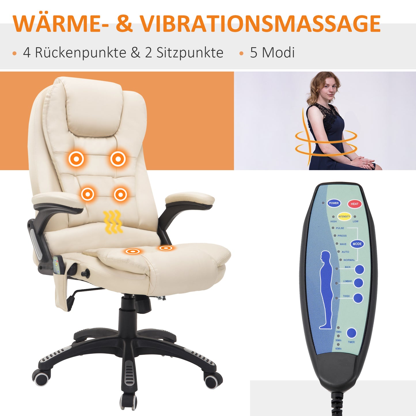 Ergonomische Bureaustoel – Kantoormeubel – Werkstoel – Massagestoel – Comfortstoel – Crème Wit – Massage- en Verwarmingsfunctie – Verstelbare Hoogte en Kantelfunctie