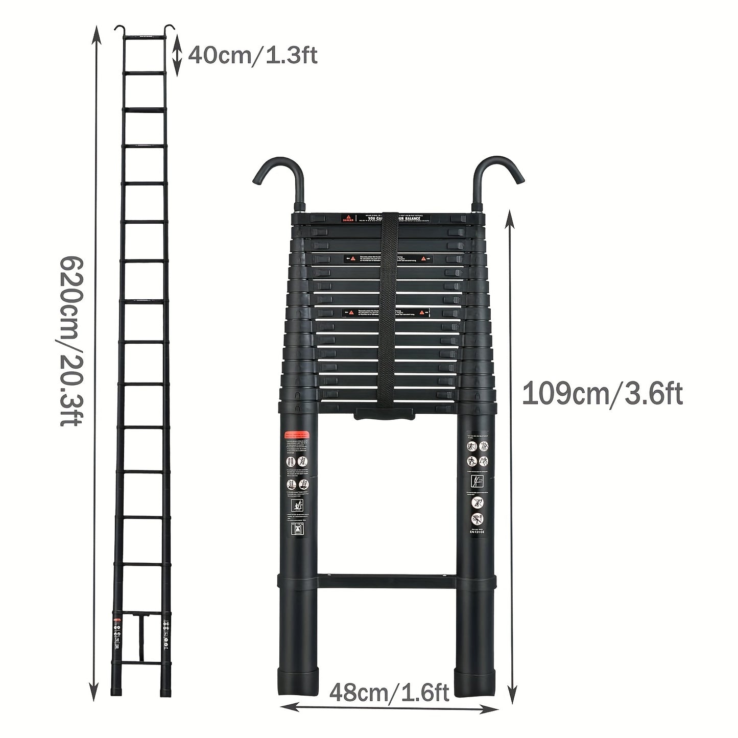 6.2m Telescopic Ladder Come Wiht Removable Hook Kit, Aluminium Black Portable Multi-Purpose Folding Extension Ladders for Outdoor & Indoor Builder DIY, Easy Carry