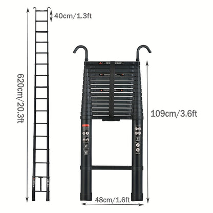6.2m Telescopic Ladder Come Wiht Removable Hook Kit, Aluminium Black Portable Multi-Purpose Folding Extension Ladders for Outdoor & Indoor Builder DIY, Easy Carry