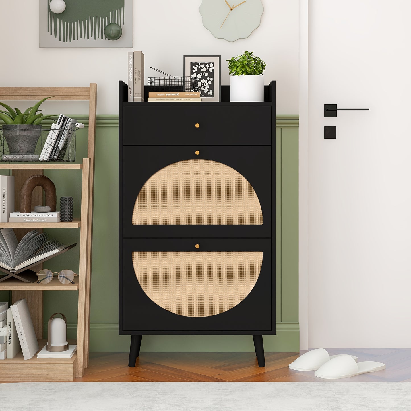 Schoenenkast – Schoenenrek – Schoenenopberger – Halkast – Schoenenbankje – Zwart Rattan Look – 2 Deuren Met Lade – 60 cm Breed – Zonder Achterpaneel