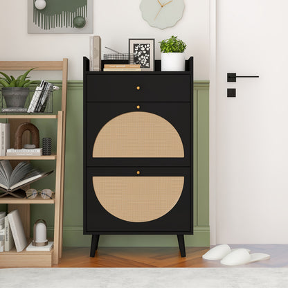 Schoenenkast – Schoenenrek – Schoenenopberger – Halkast – Schoenenbankje – Zwart Rattan Look – 2 Deuren Met Lade – 60 cm Breed – Zonder Achterpaneel