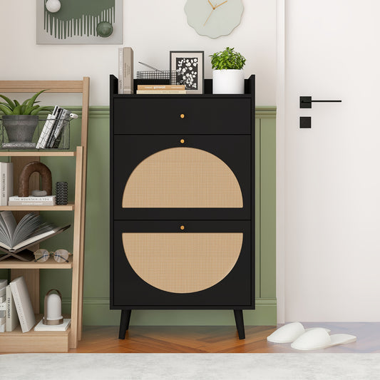 Schoenenkast – Schoenenrek – Schoenenopberger – Halkast – Schoenenbankje – Zwart Rattan Look – 2 Deuren Met Lade – 60 cm Breed – Zonder Achterpaneel