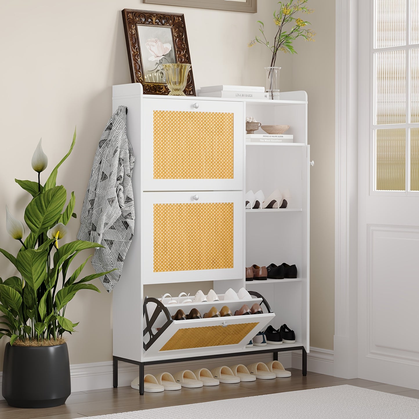 Schoenenkast – Schoenenrek – Schoenopberger – Schoenmeubel – Schoenorganizer – Smal Design voor Hal of Slaapkamer – Drie Lade en Verstelbare Planken