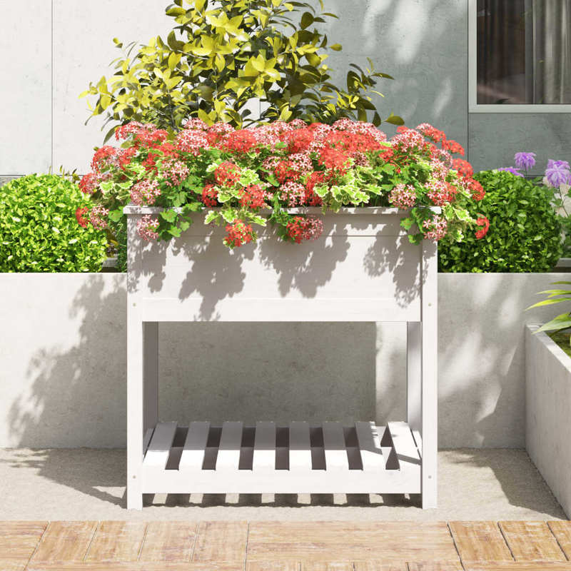 Planting bucket with shelf white 82.5x82.5x81cm solid wood pine Strong and durable, Plant Storage Solution, Sleek Plant Stand, Outdoor Enthusiasts, Interior Decorators