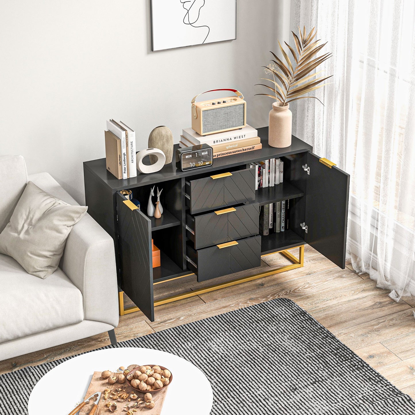 Buffet – Dressoir – Kast – Opbergmeubel – Sideboard – Zwart – Gouden Metalen Accenten – Veelzijdige Opbergruimte Met Verstelbare Planken – Compact Formaat 120x40x76 cm