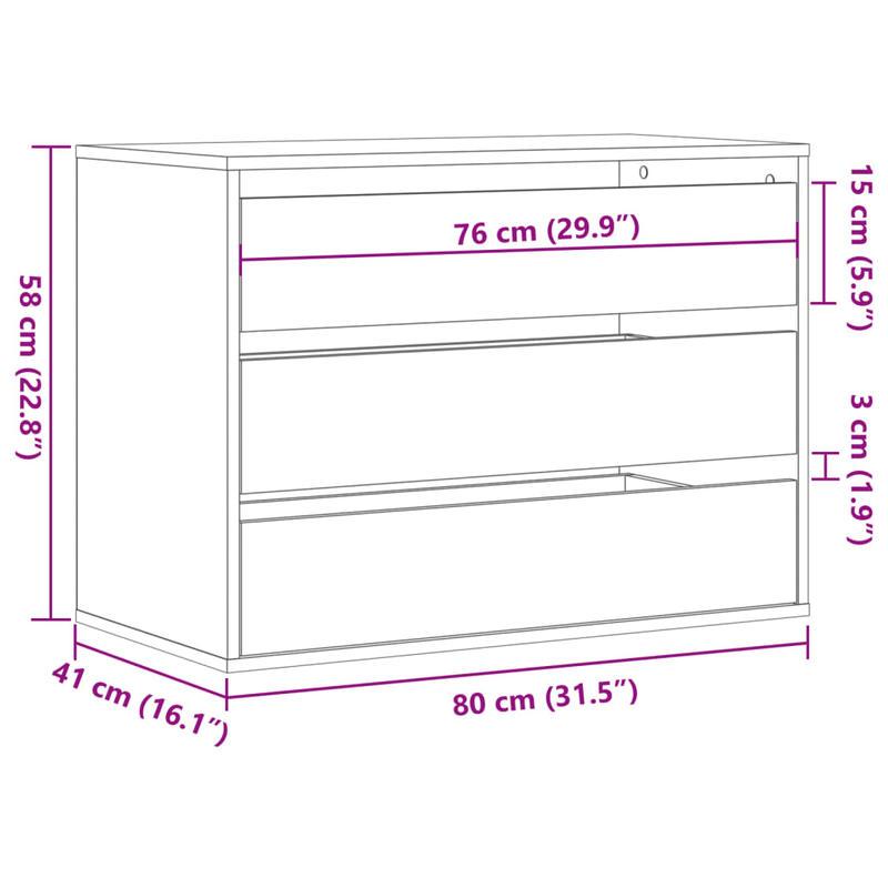 Easy Assembly Modern Dresser Cabinet - Smoked Oak Finish, Sturdy Engineered Wood Construction with Three Drawers, Compact Storage for Living Room, Bedroom, Office - Space-Saving Organizer (80x41x58cm), Contemporary Furniture,