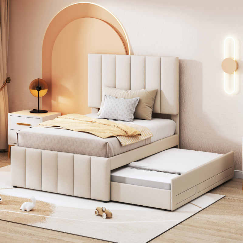 Hoogslaper – Kinderbed – Stapelbed – Zolderbed – Eenpersoonsbed – Linnen Bekleding Licht Beige – Uitschuifbaar Tweelingbed Met Opberglades – MDF En Metaal Frame