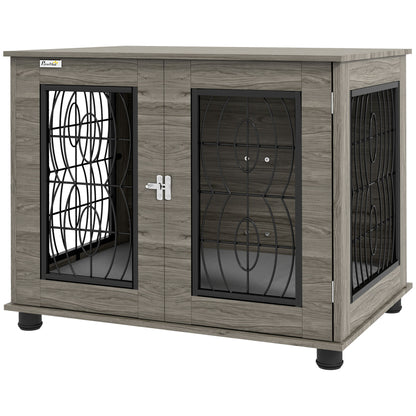 Hondenbench – Hondenkooi – Hondenhok – Reisbench – Bench – Met Zachte Wasbare Mat – Voor Middelgrote Honden Tot 20 kg – Grijs Met Houtdecor