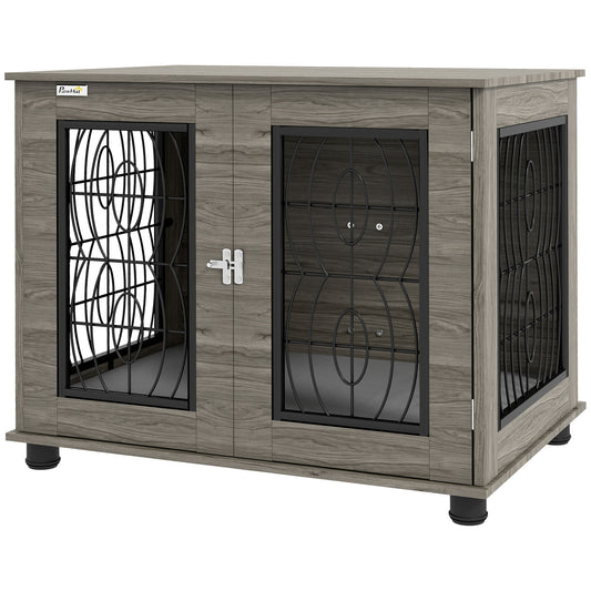Hondenbench – Hondenkooi – Hondenhok – Reisbench – Bench – Met Zachte Wasbare Mat – Voor Middelgrote Honden Tot 20 kg – Grijs Met Houtdecor