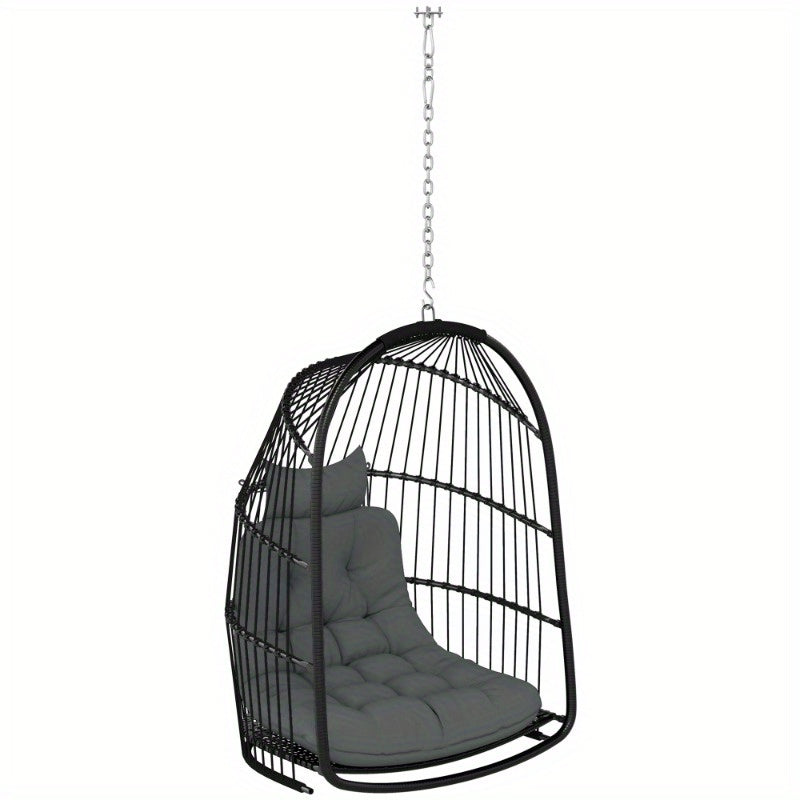 Hangstoel Rattan Hangstoel Schommelstoel Bistrostoel Balkonstoel – Incl. Donkergrijze Kussen – UV-Bestendig – Draagvermogen 150kg – Split Rugleuning – Eenvoudige Montage – Binnen & Buiten Gebruik