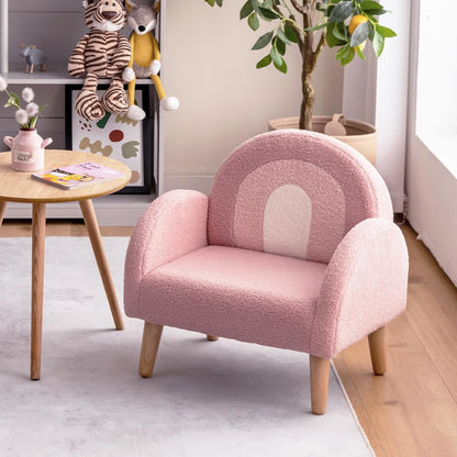 Kinderfauteuil – Kinderstoel – Kinderzetel – Peuterstoel – Peuterfauteuil – Teddy Velvet Bekleding – Stevige Massief Houten Poten – Ergonomisch Ontwerp – Voor Kinderen 3-5 Jaar – Roze Regenboog Design