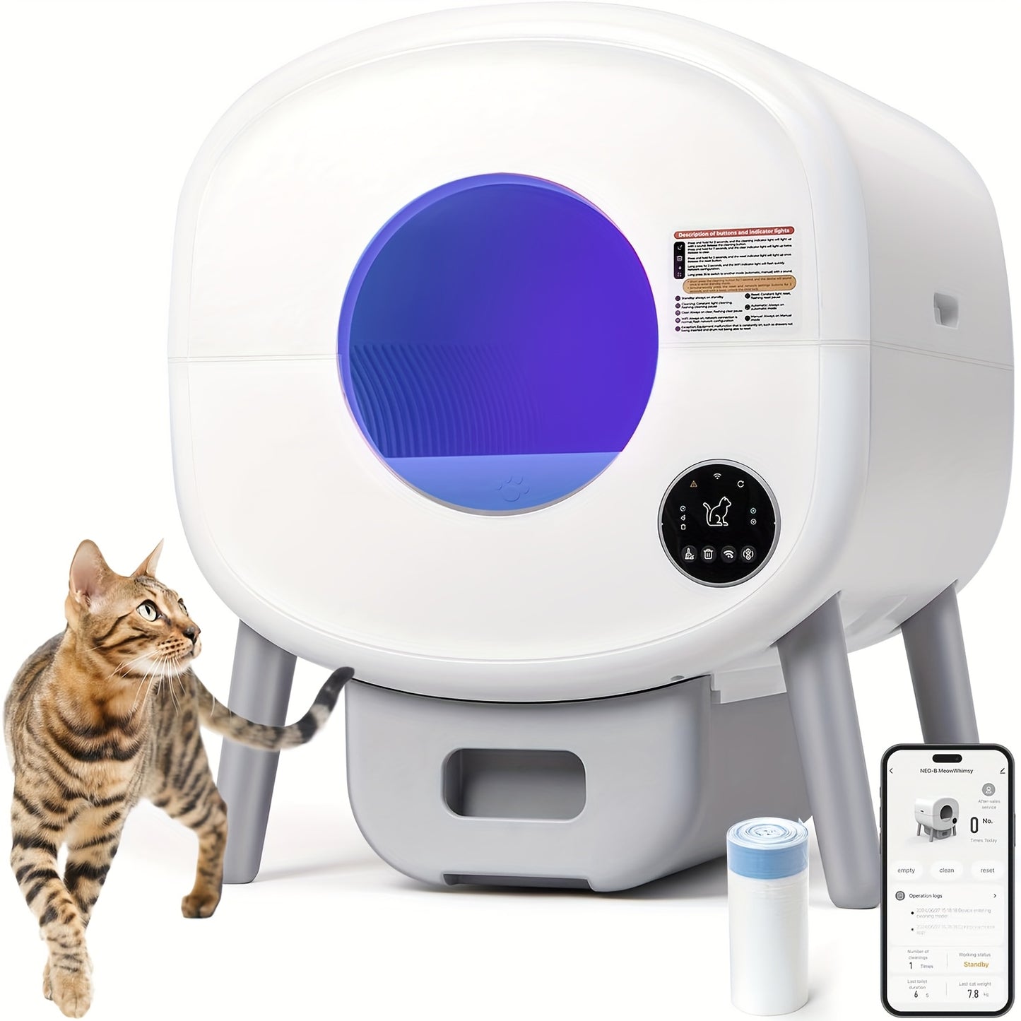 Zelfreinigende Kattenbak – Automatische Kattenbak – Grote Kattenbak – Elektrische Kattenbak – Kattenbak met App – Extra Grote Capaciteit – Veiligheidsfunctie – Inclusief 2 Rollen Afvalzakken