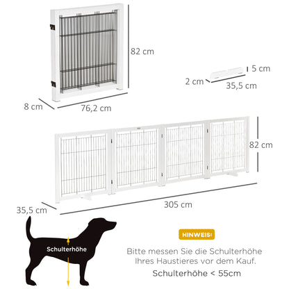 Hondenren – Hondenhek – Hondenafscheiding – Hondenbarrière – Hondenbox – Vouwbaar & Compact – Grenenhout en Stalen Gaas – Wit – 305 x 35,5 x 82 cm