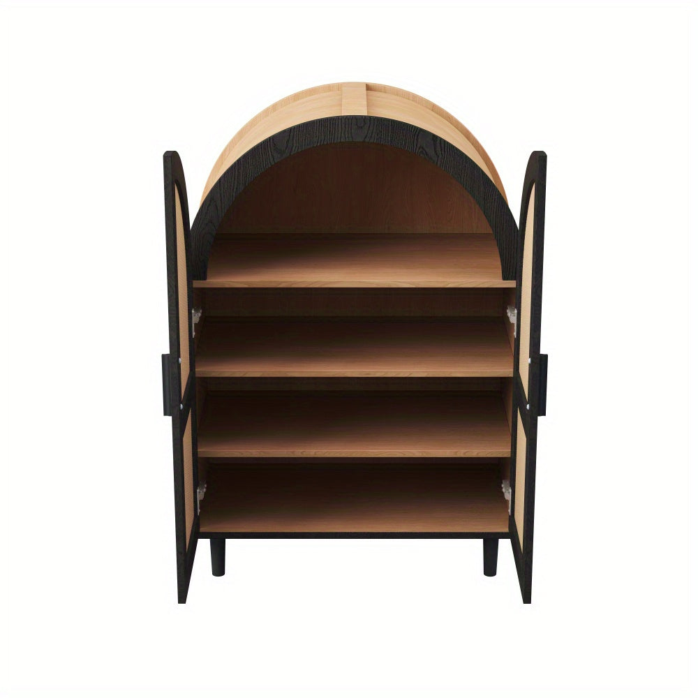 Modern Schoenkast‑Opbergmeubel met Hol‑Wicker Deuren – 3‑Lagen Opslag, Vrijstaand voor Hal, Woonkamer of Gangruimte, Ruimtebesparend Design