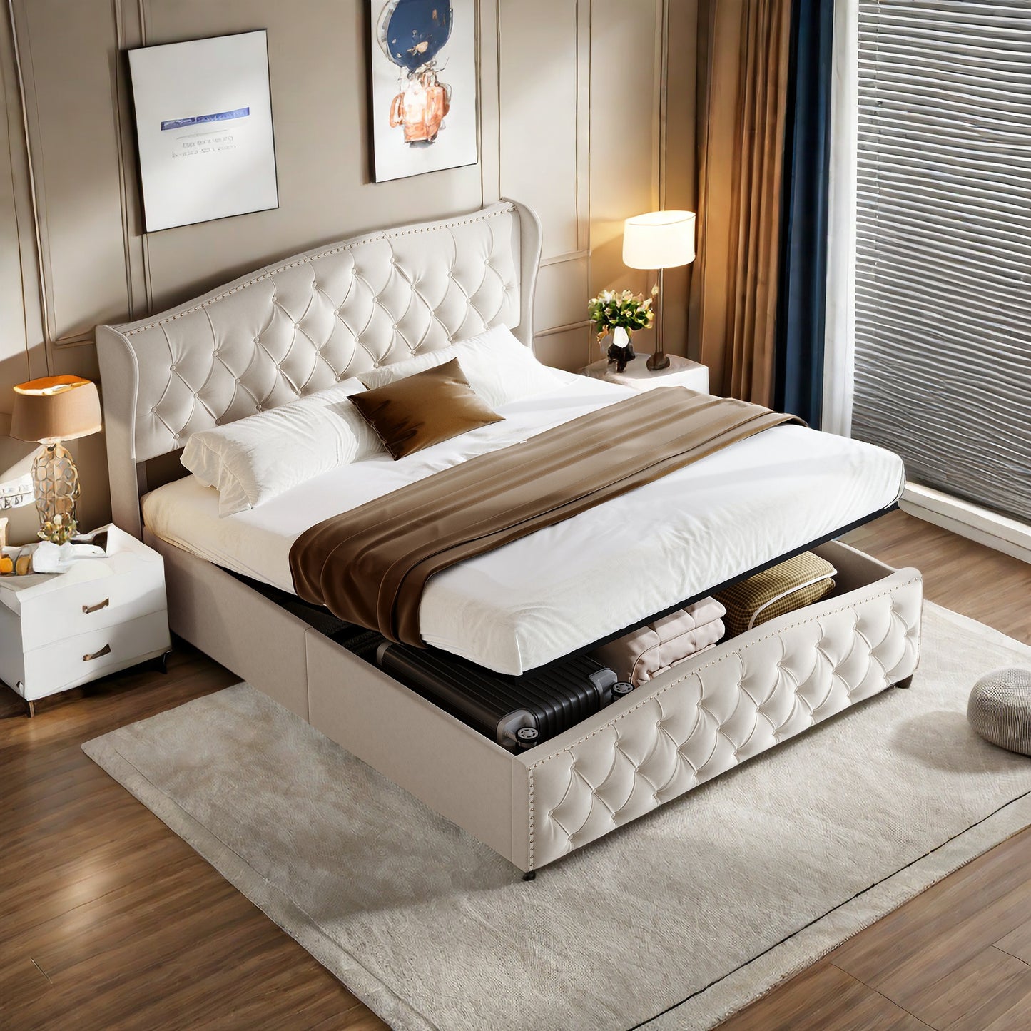 Gestoffeerd Bedframe – Platformbed – Opbergbed – Verhoogd Bed – Fluwelen Bed – 140 x 200 cm Queen Size – Lift-up Opbergruimte – Stevig Metalen Frame