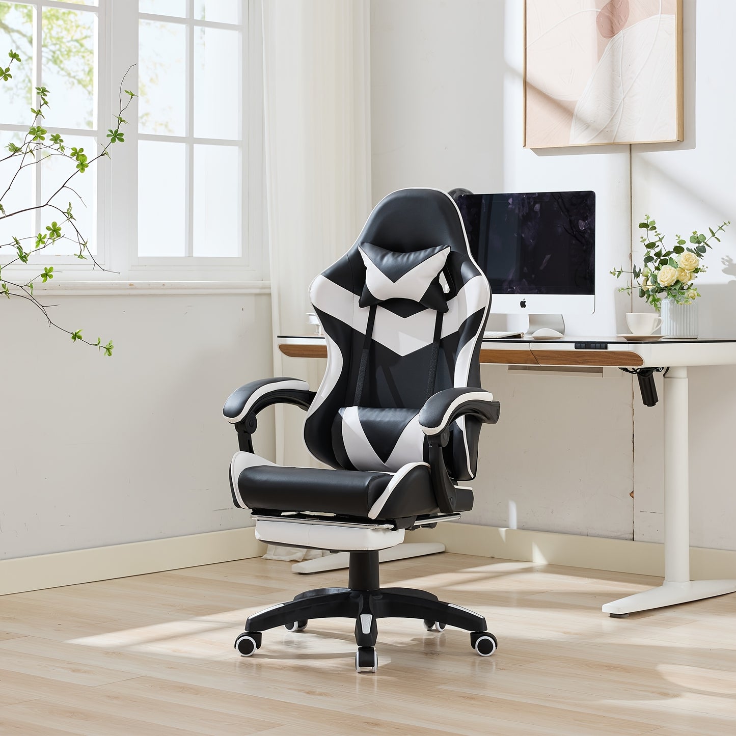 360° Rotating Racing Car Design Lounge Chair, Gaming Chair, High-back Office Chair, Height Adjustable, with Wheels, Footrest, Headrest And Lumbar Support.