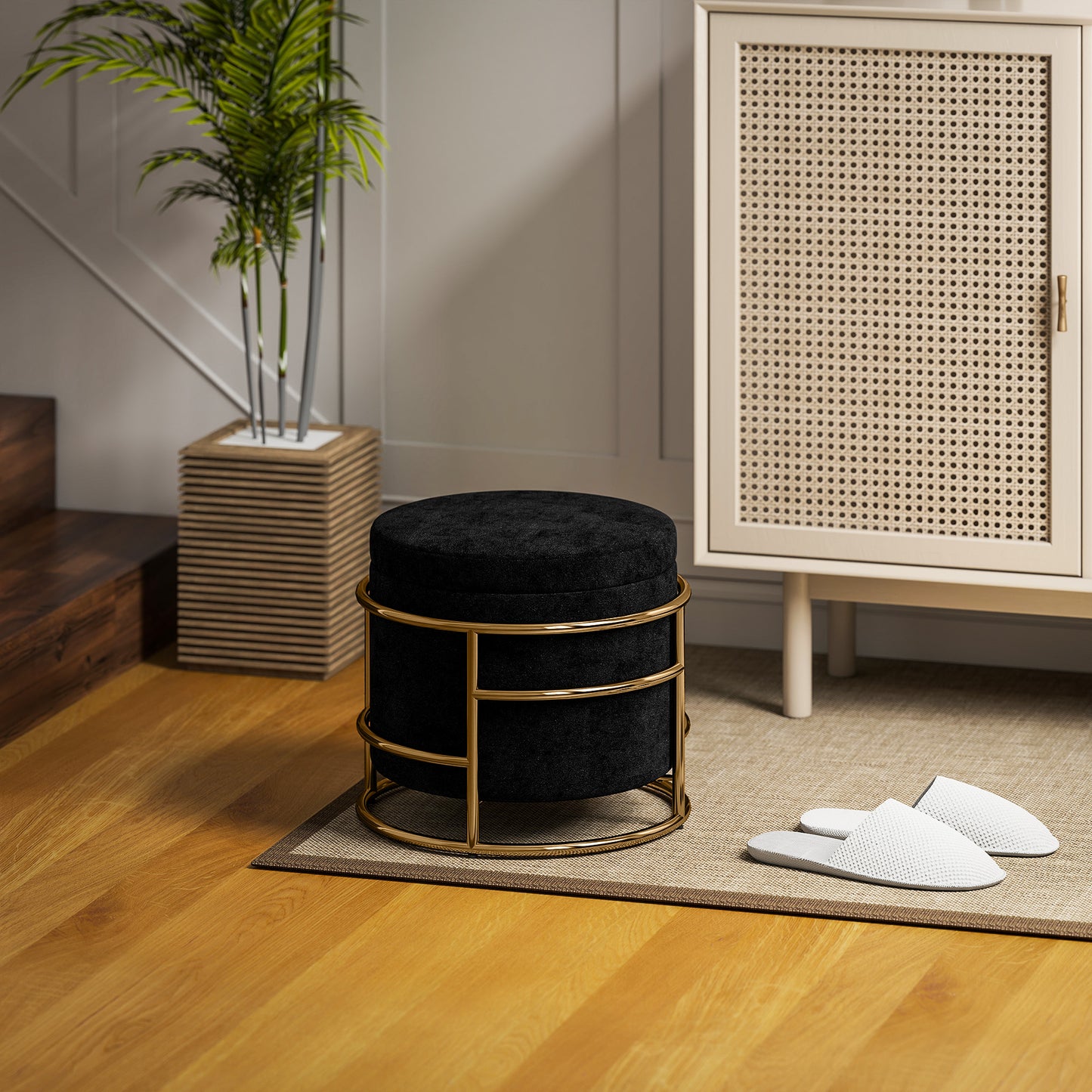 Voetenbankje – Voetensteun – Poef – Zitbankje – Opbergpoef – Fluwelen Bekleding – Gouden Metaal Frame – 24L Opbergruimte – Max 120 kg