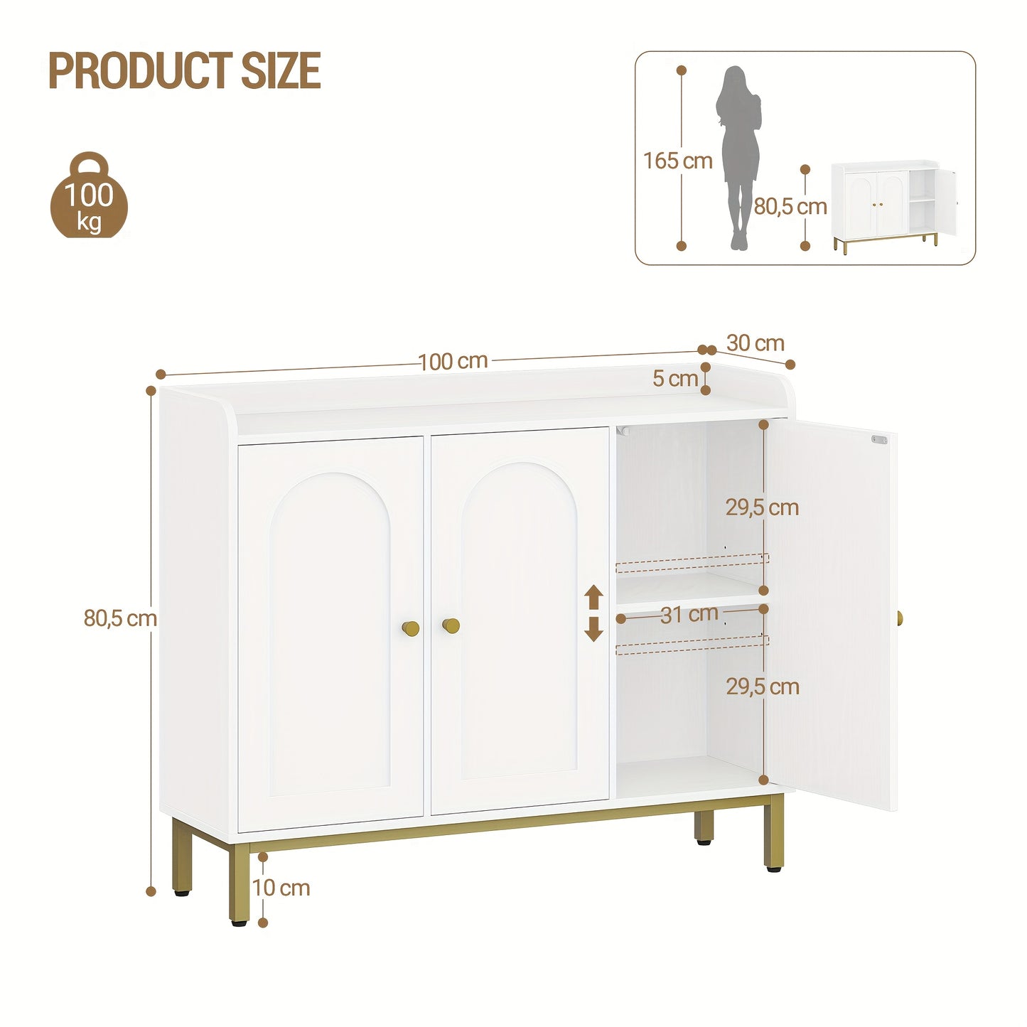 Sideboard – Opbergkast – Keukenkast – Woonkamerkast – Dressoir – 3 Deuren Met Verstelbare Planken – Compact Wit Design 30x100x80,5 cm