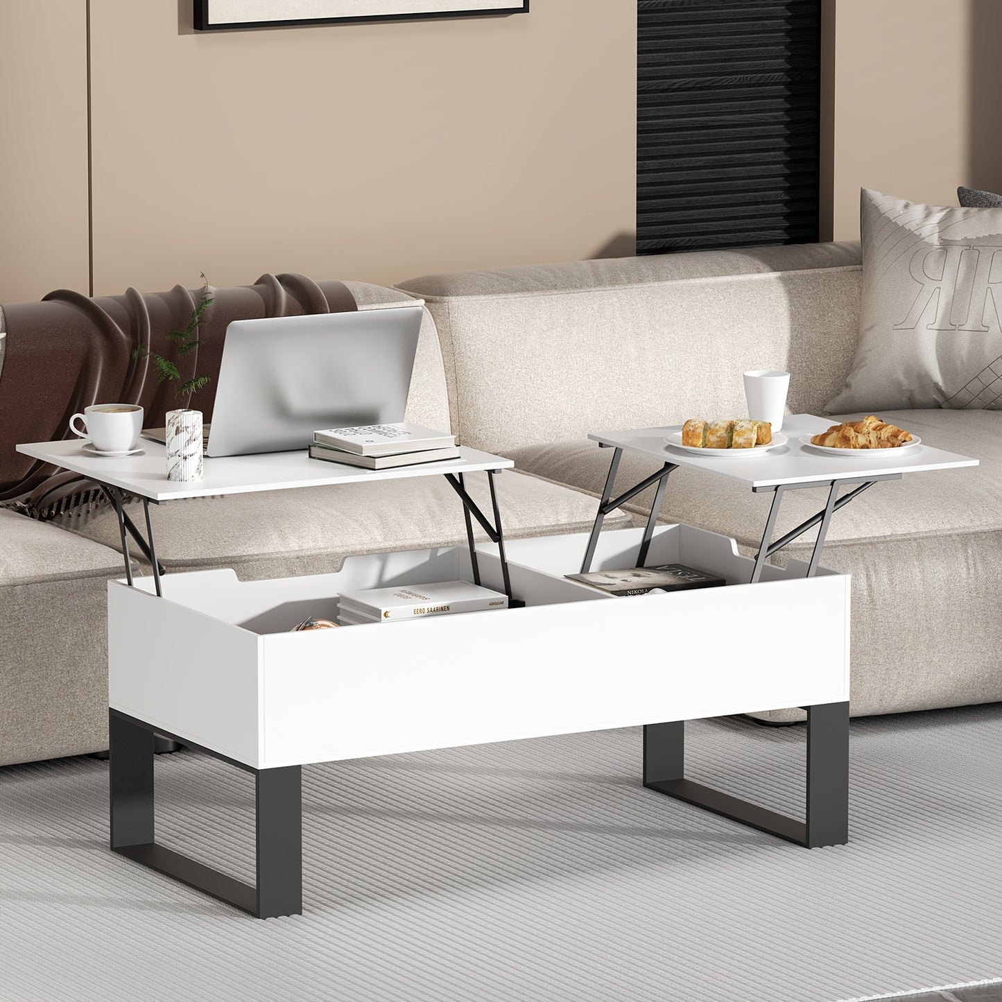 Witte Salontafel – Koffietafel – Bijzettafel – Werktafel – Eettafel – Verstelbaar Met Lift-Top – Duurzaam MDF En Metalen Frame Met Verborgen Opbergruimte