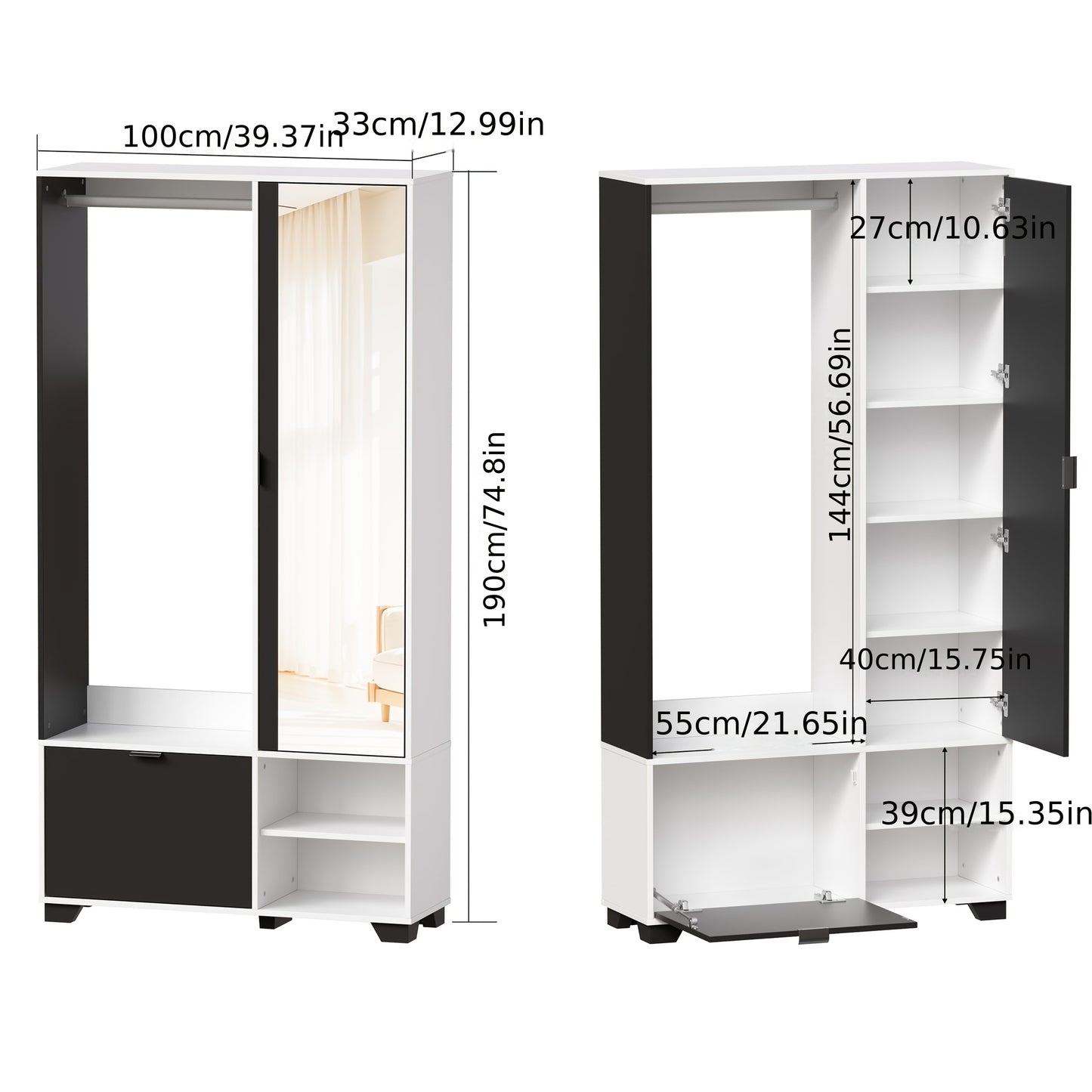 Witte Slaapkamerkast – Kledingkast – Opbergkast – Garderobekast – Spiegelkast – Compact Vrijstaand Design – Ruim Met Spiegel 144x55 cm – Hoogwaardig Massief Hout
