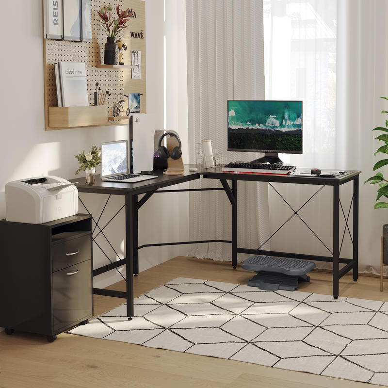 Modern L-Shaped Corner Computer Desk with Storage Shelf - Heavy-Duty MDF & Steel Construction, Space-Saving Home Office Desk with Spacious Work Surface, Black Finish, 150x150x76cm (59"x59") - Ideal for Dual Monitor Setup, Stu