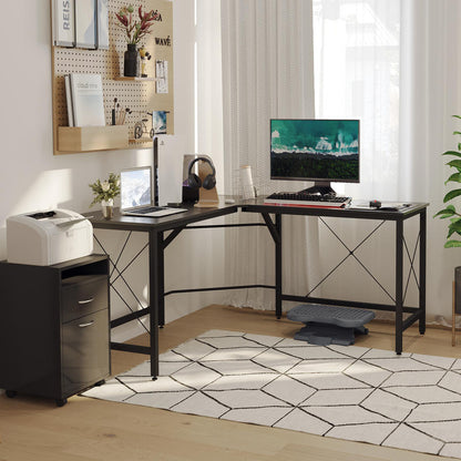 Modern L-Shaped Corner Computer Desk with Storage Shelf - Heavy-Duty MDF & Steel Construction, Space-Saving Home Office Desk with Spacious Work Surface, Black Finish, 150x150x76cm (59"x59") - Ideal for Dual Monitor Setup, Stu