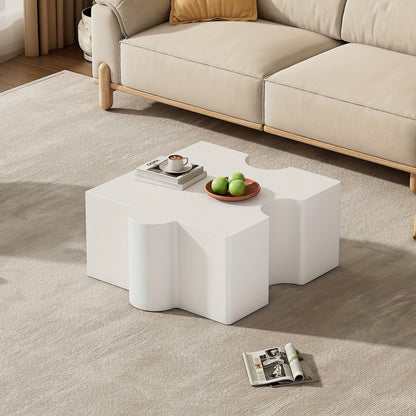 Salontafel – Koffietafel – Bijzettafel – Woonkamertafel – Tafeltje – Modern Wit Puzzelpatroon – Bamboe Tafelblad – Compact 65x65x32 cm