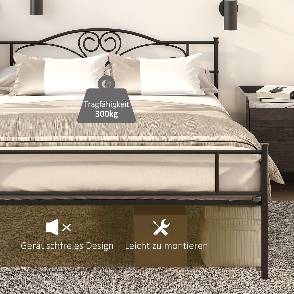 Metalen Bedframe – Stalen Bedframe – Metalen Ledikant – Metalen Slaapbed – Metalen Onderstel – Zwart – Stevige Constructie 300 kg Draagkracht – Afmeting 145x211x106 cm
