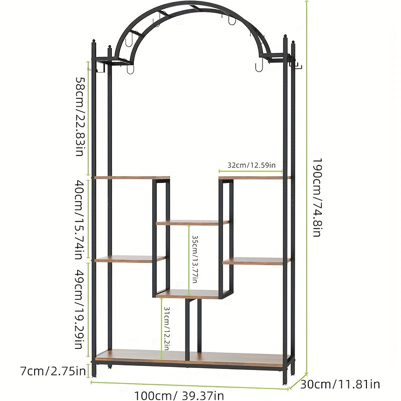 7-Tier Tall Indoor Plant Stand Corner Shelf with Hanging Hooks, Arched Metal Multi-Purpose Display Rack for Bonsai Pots and Plants, Classic Black Finish for Living Room or Balcony, Plant Hanger, Unho