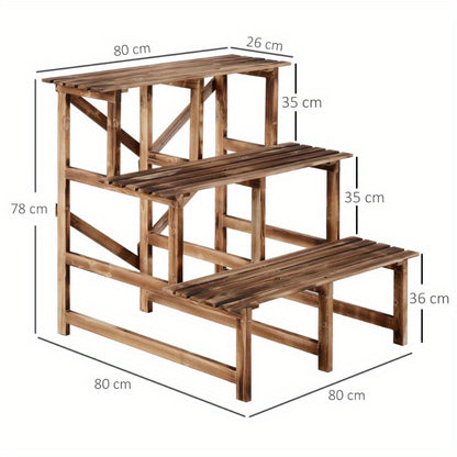 Plantenrek – Plantenstandaard – Plantentafel – Plantentrap – Bloemenrek – 3 Laags – Vurenhout Met Metalen Frame – 80 x 80 x 78 cm – Stevig & Rustiek