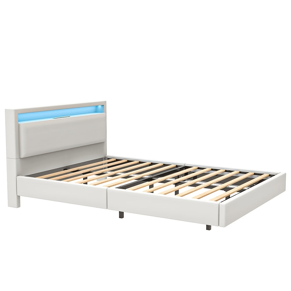 Zwevend Bedframe – Modern Bed – Platformbed – Slaapkamerbed – Gestoffeerd Bed – 140x200 cm – LED-Verlichting – Geluidloze Lattenbodem