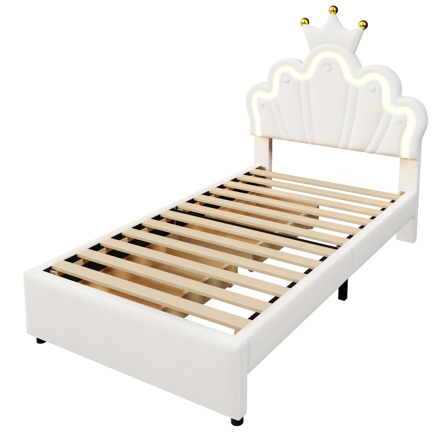 Upholstered Bed, 90 X 200 Cm, Without Mattress Crowned Princess Bed, Adjustable Headboard, White