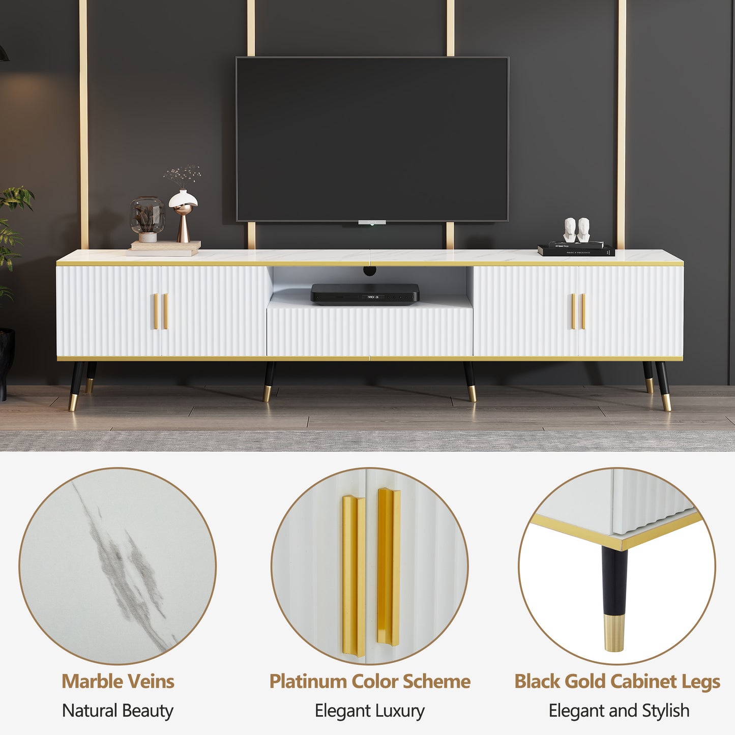 BTM Tv-Lowboard 200×40×46 Cm, Modern TV Board in White with Marble Optic, TV Table / TV Cabinet / TV Furniture for Tvs Up to 90 Inches, Living Room Furniture with Doors, Drawer & Open Shelf
