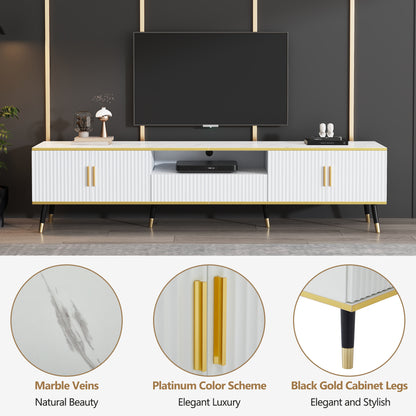 BTM Tv-Lowboard 200×40×46 Cm, Modern TV Board in White with Marble Optic, TV Table / TV Cabinet / TV Furniture for Tvs Up to 90 Inches, Living Room Furniture with Doors, Drawer & Open Shelf