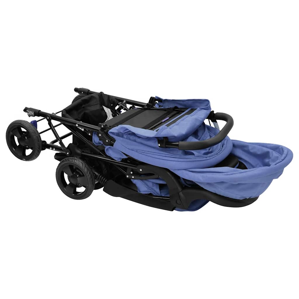 Tandem Kinderwagen – Tweelingwagen – Dubbele Kinderwagen – Duo Buggy – Tweekinderwagen – Staal en Linnen – Verstelbare Zonnekap – Ruime Ondermand – Marineblauw