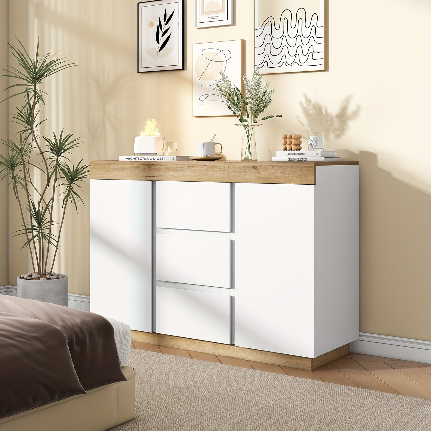 Ladekast – Commodes – Opbergkast – Dressoir – Ladenkast – Wit + Eiken – 3 Laden en 2 Deuren – Bamboe Materiaal & Minstens 68,58 cm Hoogte