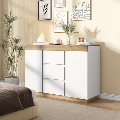 Ladekast – Commodes – Opbergkast – Dressoir – Ladenkast – Wit + Eiken – 3 Laden en 2 Deuren – Bamboe Materiaal & Minstens 68,58 cm Hoogte