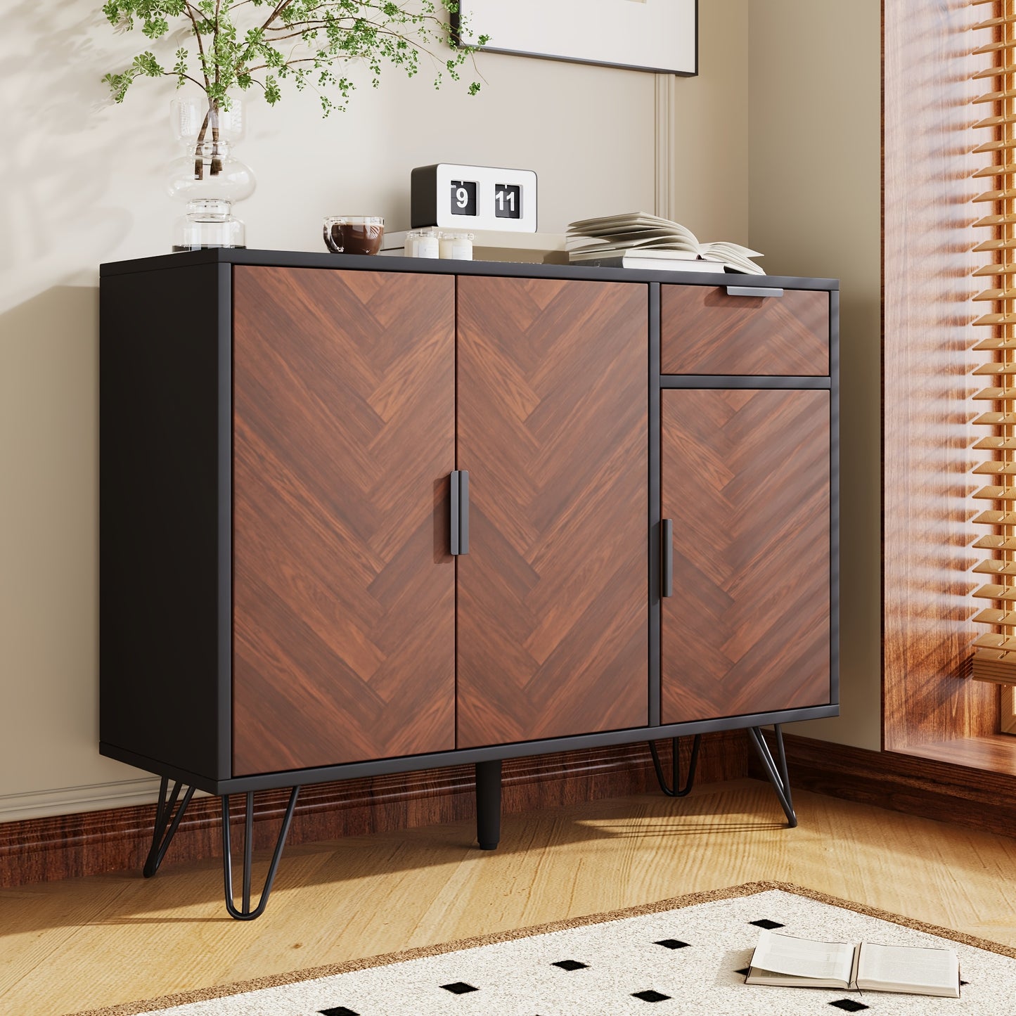 Opbergkast – Kasten – Sideboard – Dressoir – Lockers – Zwart Met Houtlook – Verstelbare Planken – Lade – Stevige Constructie