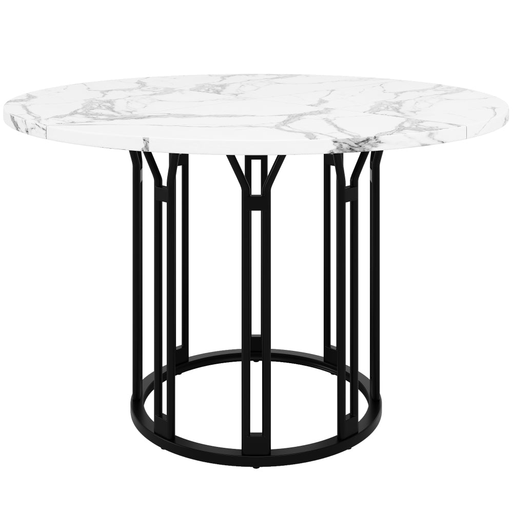 Ronde Eettafel – Ronde Tafel – Keukentafel – Ontbijttafel – Eettafel Zwart Metaal – Marmerlook MDF Blad – Verstelbare Voeten – 100 cm Diameter