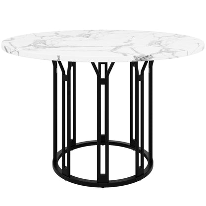 Ronde Eettafel – Ronde Tafel – Keukentafel – Ontbijttafel – Eettafel Zwart Metaal – Marmerlook MDF Blad – Verstelbare Voeten – 100 cm Diameter