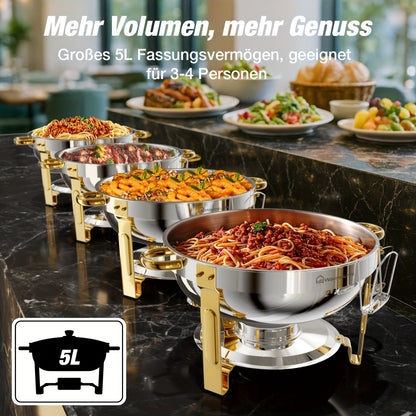 Chafing Dish – Buffetwarmer – Warmhoudschalen – Warmhoudbakken – Voedselverwarmer – 2-delig Ronde Set – 5 L Inhoud – Glasdeksel Met Houder – Roestvrij Staal 201