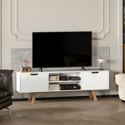 TV Stand, TV Stand for TVs Up to 65 Inches, Low Cabinet with Two Doors And Two Shelves, TV Stand for Living Room, Dimensions 150 X 39 X 50cm, White, Media Storage Solution, Spacesaving Cabinet, Compact Stand, Highquality Mate