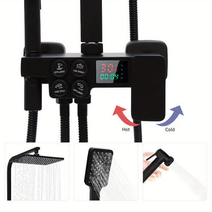 Regendouche – Douche Set – Doucheset – Douchesysteem – Handdouche – Mat Zwart – Roestvrij Staal – Verstelbare Hoogte – Ingebouwde Opbergrek