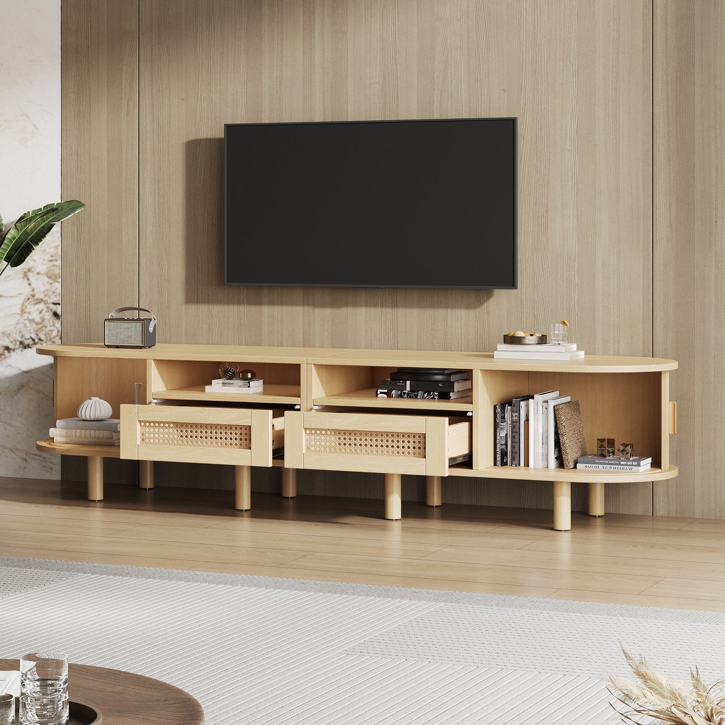 Tv-Meubel – Tv-Kast – Tv-Tafel – Dressoir – Media-Kast – Ovaal Design – 170x40x40 cm – 2 Rieten Lades & 2 Schuifdeuren – Geschikt Voor Tv Tot 70 Inch – Lichtgewicht Houtkleur