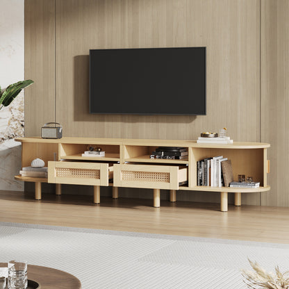 Tv-Meubel – Tv-Kast – Tv-Tafel – Dressoir – Media-Kast – Ovaal Design – 170x40x40 cm – 2 Rieten Lades & 2 Schuifdeuren – Geschikt Voor Tv Tot 70 Inch – Lichtgewicht Houtkleur